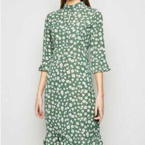 Mint Green Women's Floral Peekaboo Front Summer Dress 3/4 Length Sleeves Sz 36/S